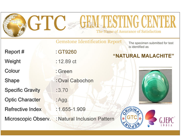 12.89 ct Natural Certified Malachite stone